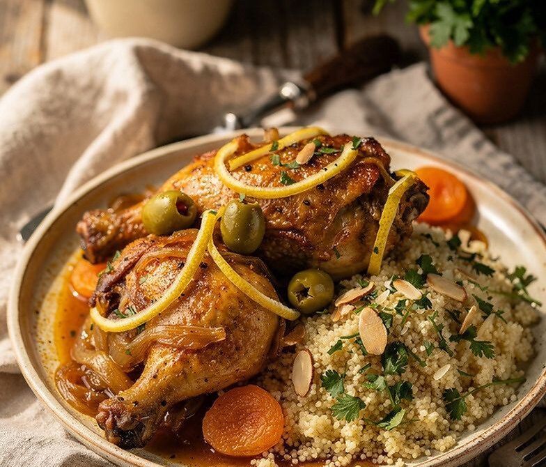 Moroccan Chicken Tagine with Olives, Preserved Lemon, and Apricots