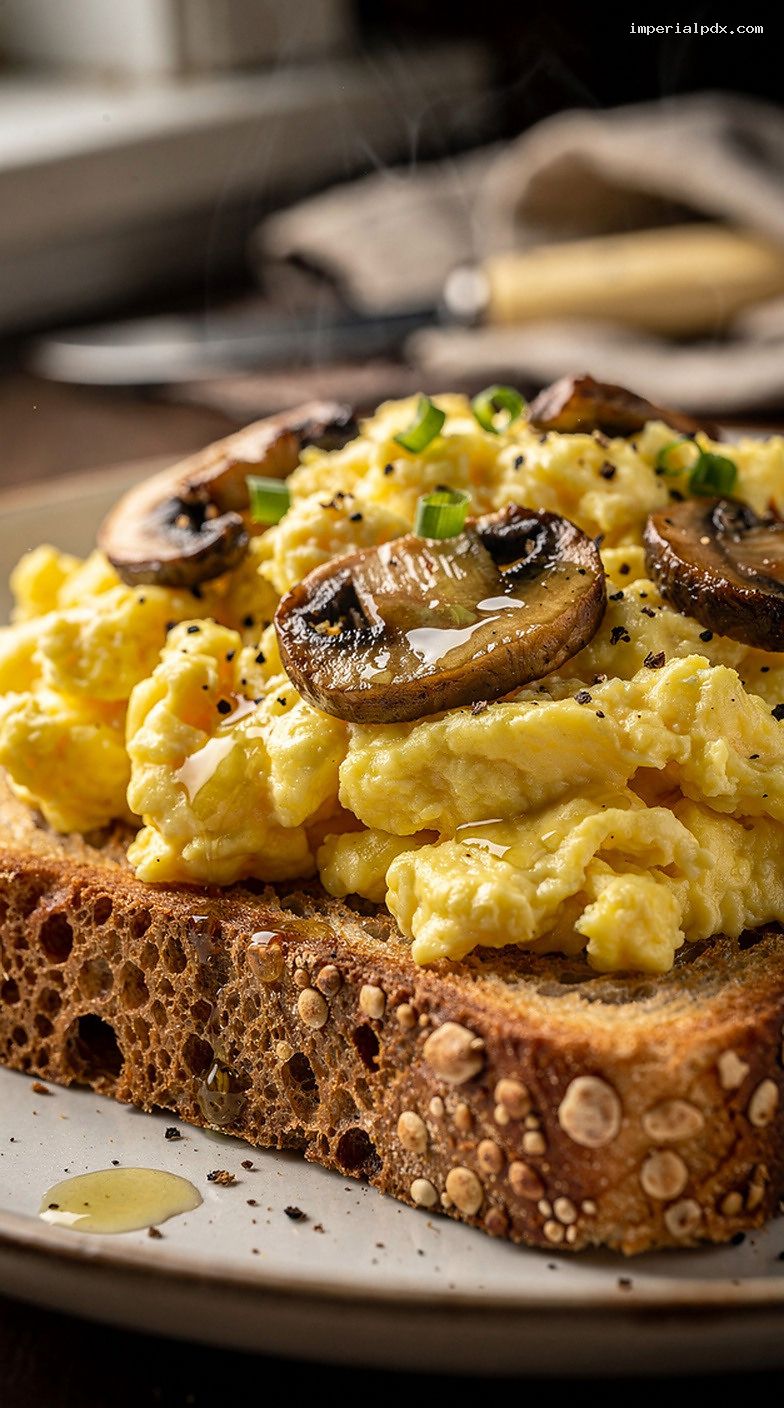Mushroom Truffle Scrambled Eggs on Toasted Sourdough – Closeup
