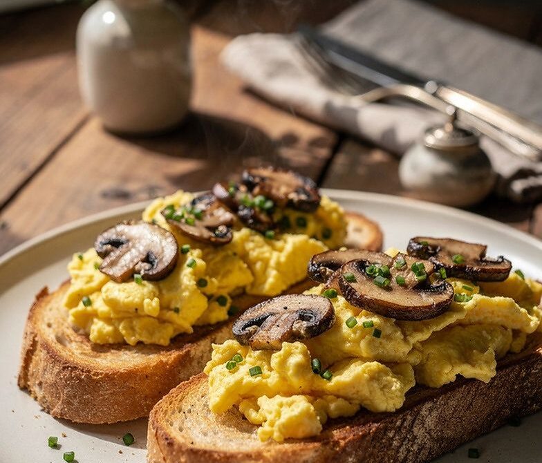 Mushroom Truffle Scrambled Eggs on Toasted Sourdough