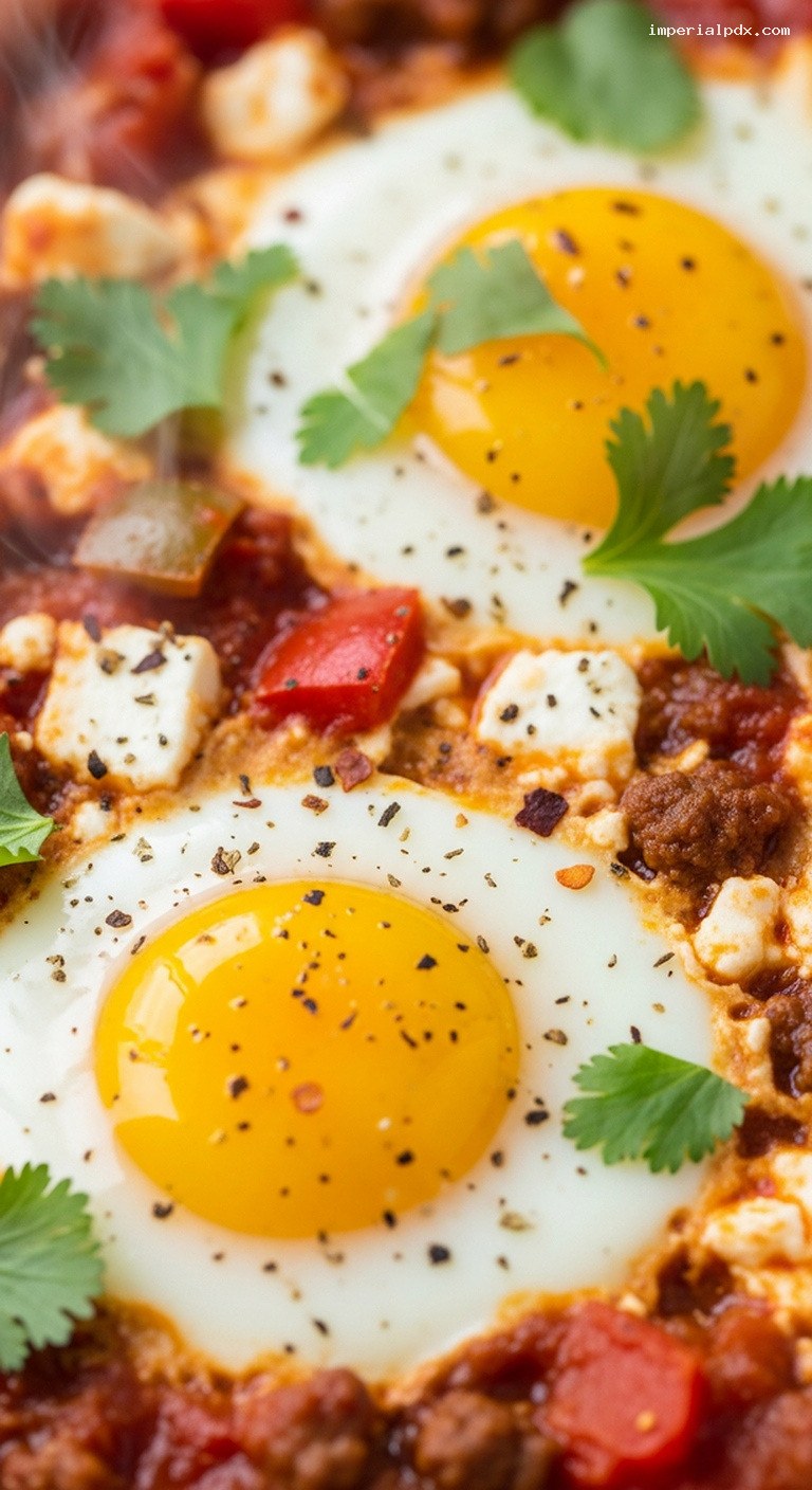 One-Pan Beef Shakshuka With Poached Eggs – Closeup