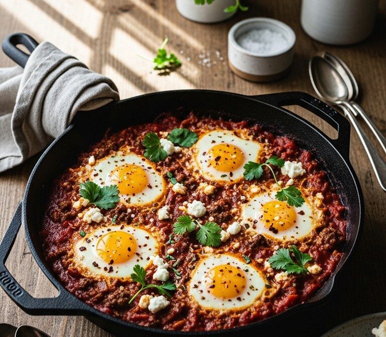 One-Pan Beef Shakshuka With Poached Eggs