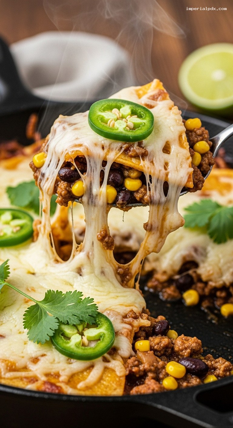 One-Pan Beef Verde Enchilada Skillet Bake – Closeup