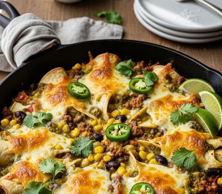 One-Pan Beef Verde Enchilada Skillet Bake