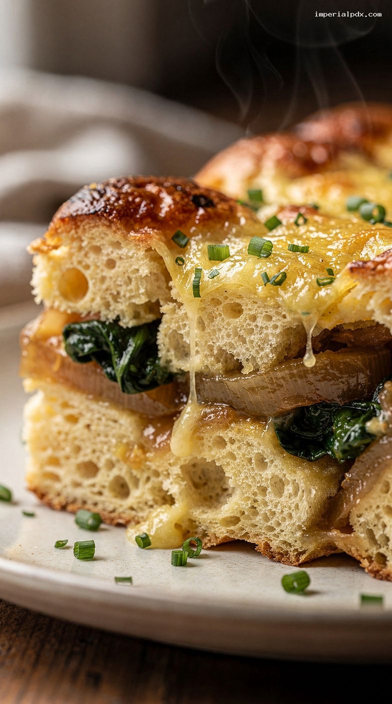 Overnight Caramelized Onion, Spinach, and Gruyère Breakfast Strata – Closeup