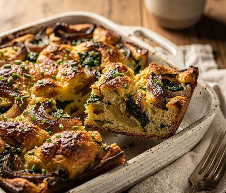 Overnight Caramelized Onion, Spinach, and Gruyère Breakfast Strata