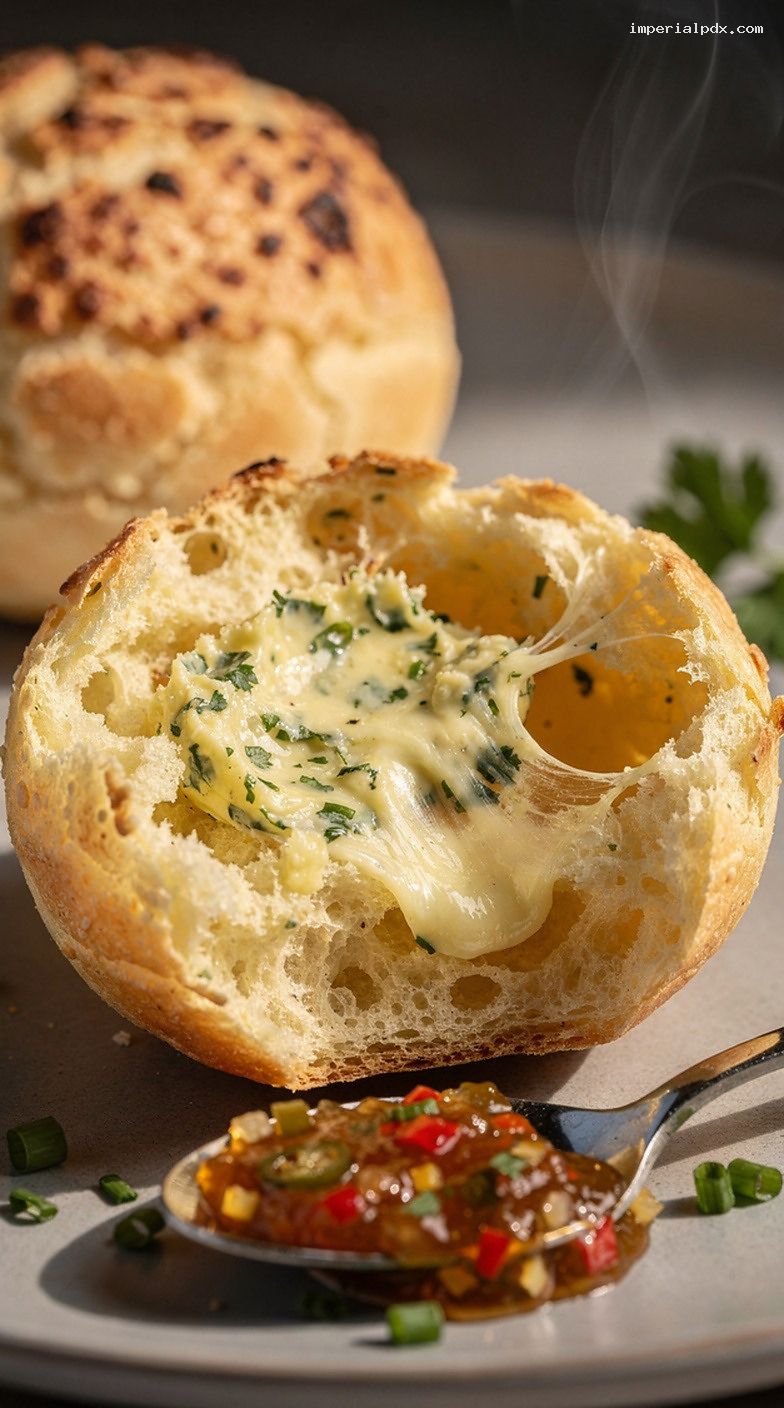 Pão de Queijo Basket With Herb Butter and Spicy Pepper Jelly – Closeup