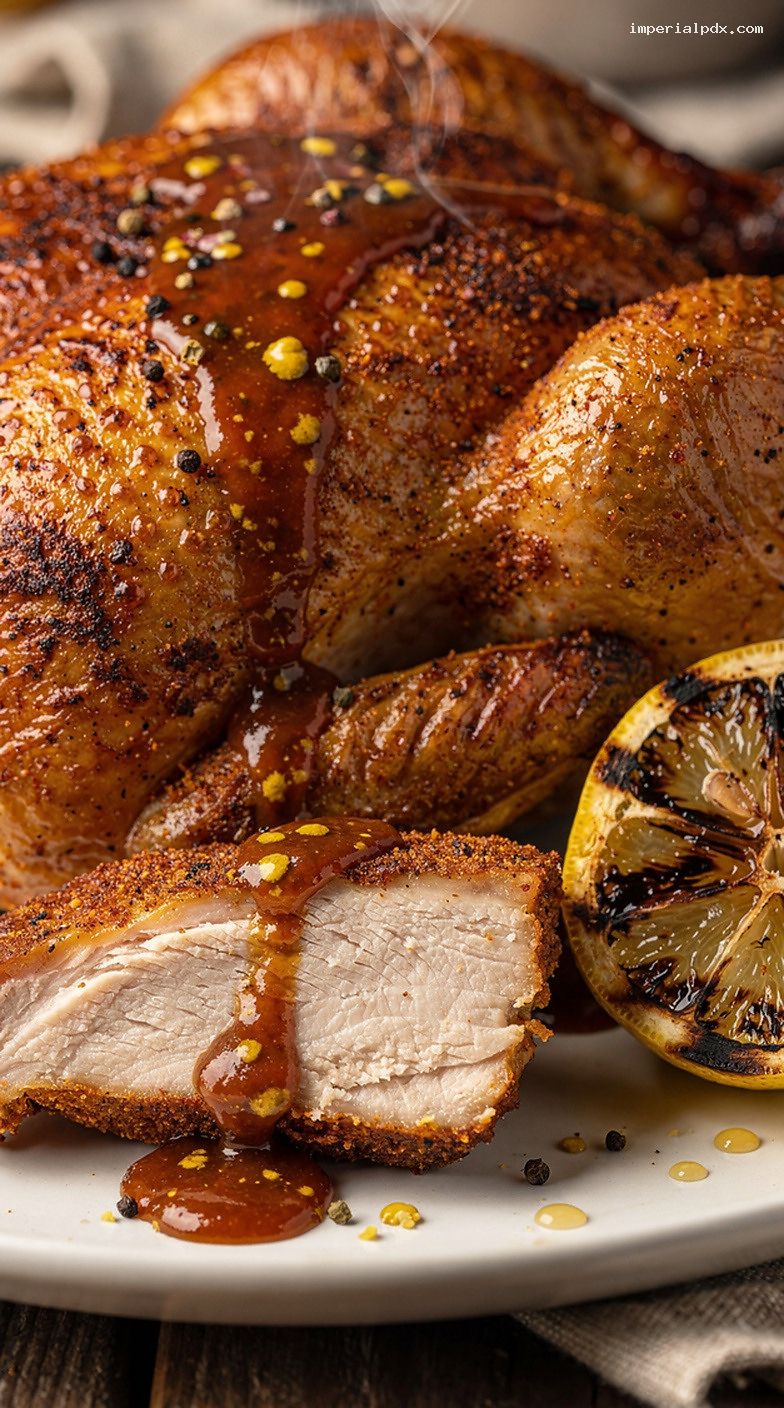 Paprika-Garlic Beer-Can Chicken With BBQ Drizzle and Charred Lemon – Closeup