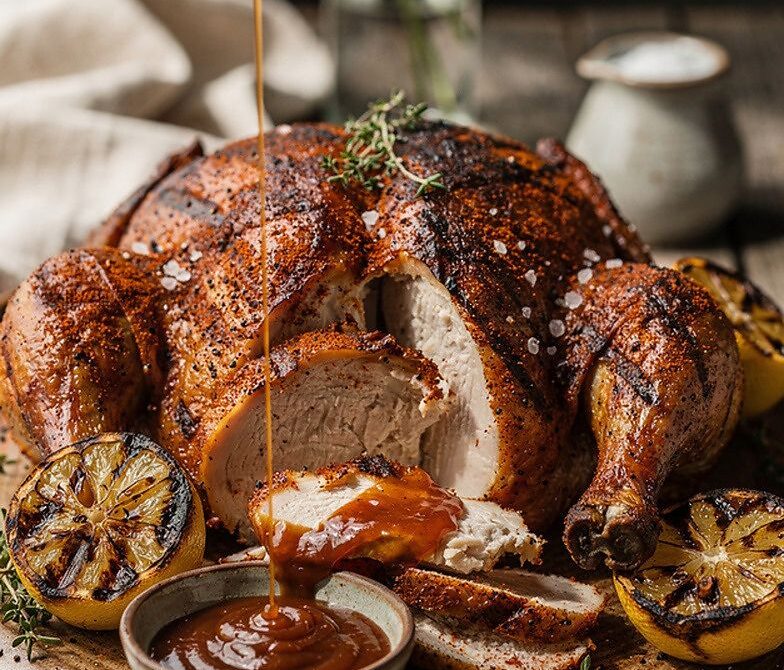 Paprika-Garlic Beer-Can Chicken With BBQ Drizzle and Charred Lemon