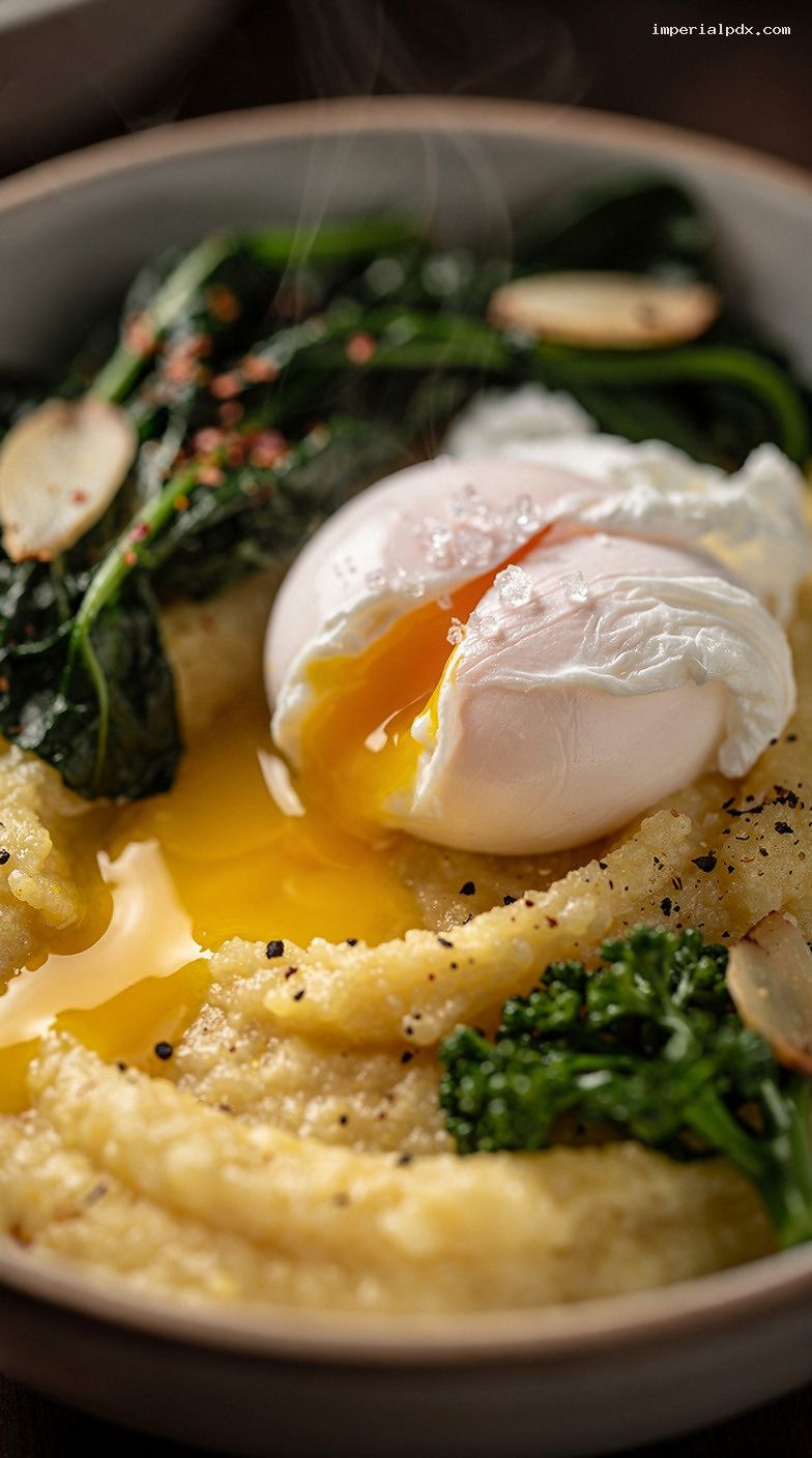 Parmesan Polenta Breakfast Bowl with Garlicky Greens and Poached Egg – Closeup