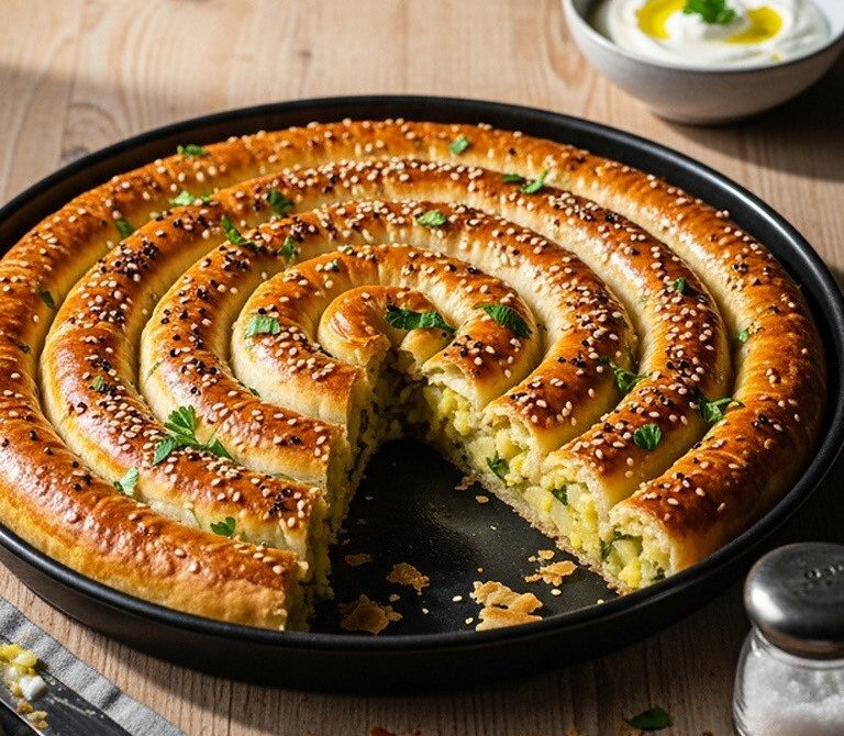Patatesli Börek Spiral (Coiled Yufka Pie with Potato Filling)