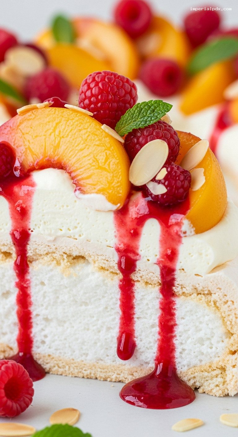 Peach Melba Pavlova With Poached Peaches and Raspberry Coulis – Closeup