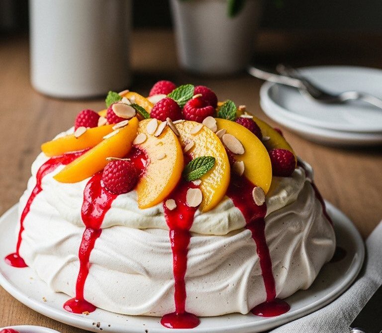 Peach Melba Pavlova With Poached Peaches and Raspberry Coulis
