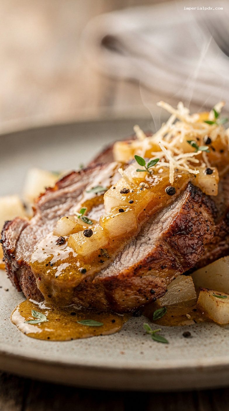Pear Ginger White Wine Pan Sauce with Thyme and Butter – Closeup