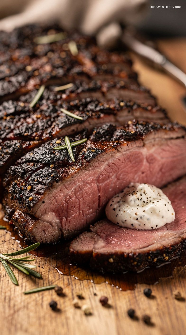 Pepper-Crusted Smoked Prime Rib Roast with Horseradish Cream – Closeup