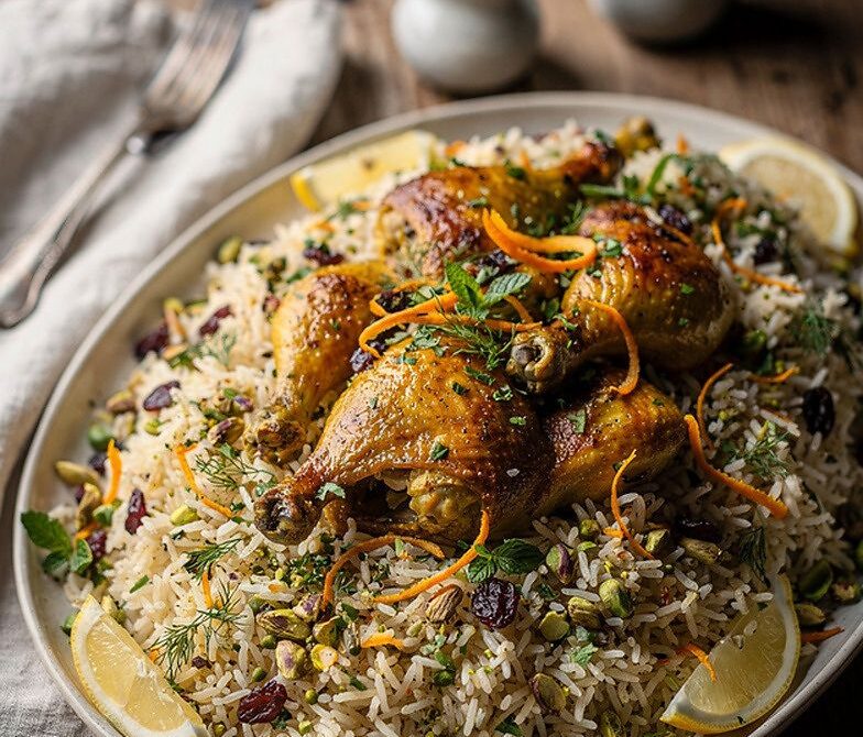 Persian Saffron Chicken With Jeweled Rice and Pistachios