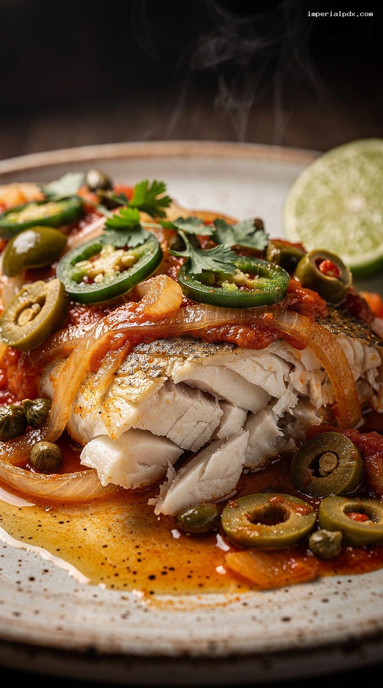 Pescado a la Veracruzana With Olives, Capers, and Lime – Closeup
