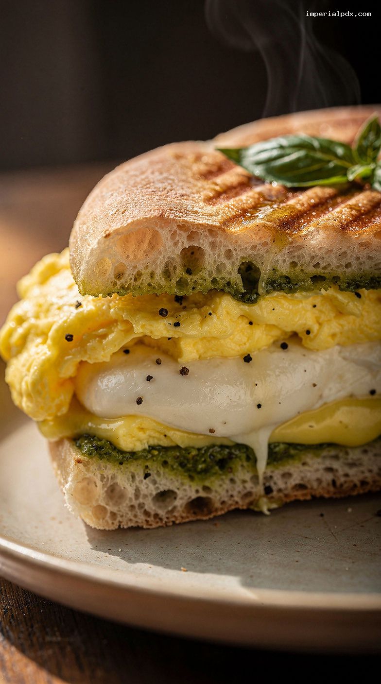 Pesto Egg and Mozzarella Breakfast Panini – Closeup