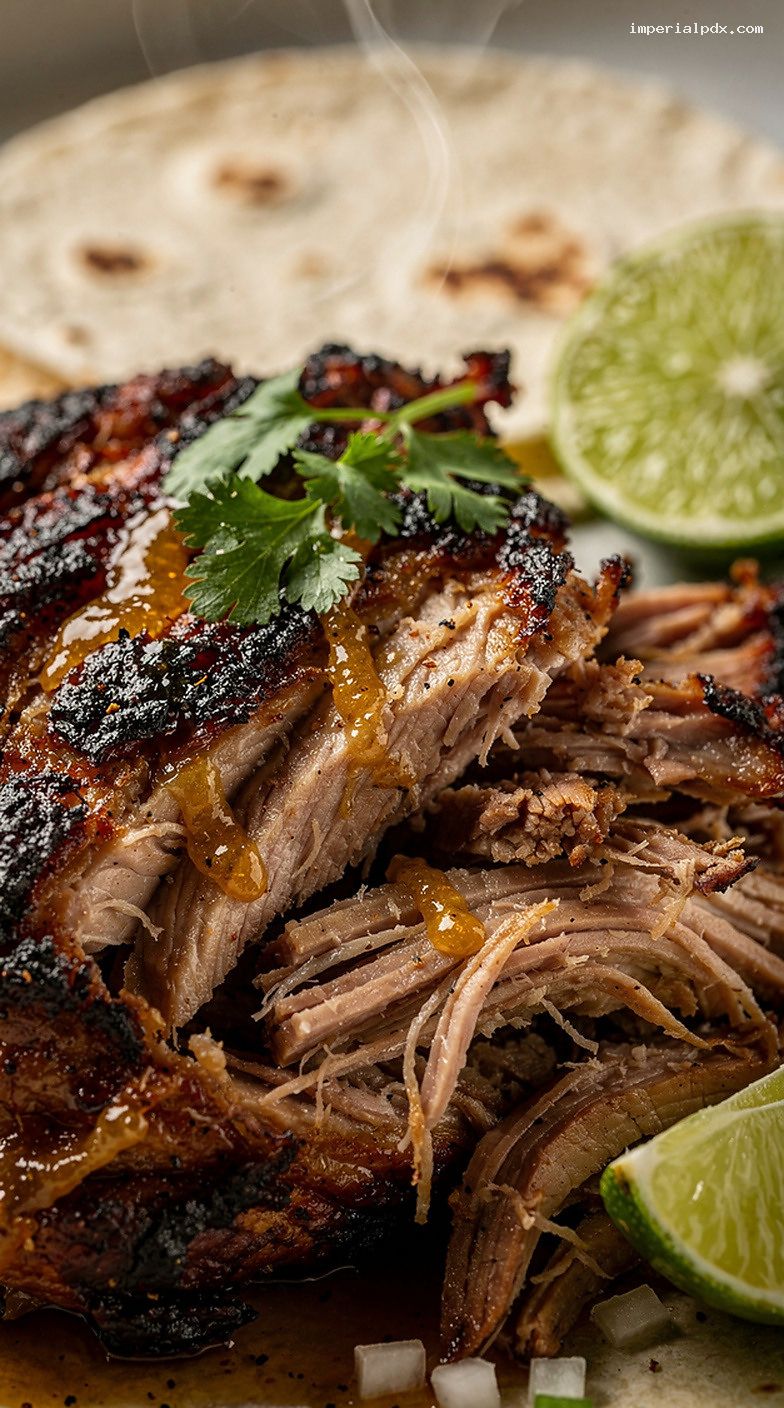 Pit-Finished Smoked Carnitas-Style Pork Shoulder Tacos – Closeup
