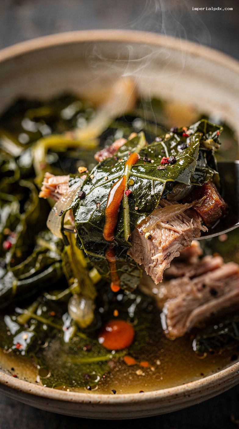 Pit-Smoked Collard Greens With Pork Hock and Vinegar Kick – Closeup