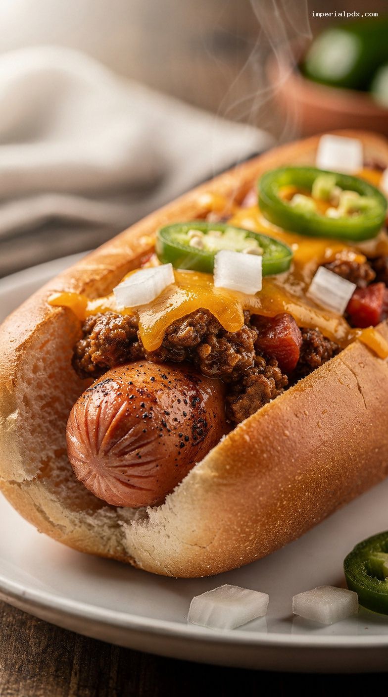 Pit-Style Smoked Chili Cheese Dogs with Onions and Jalapeños – Closeup