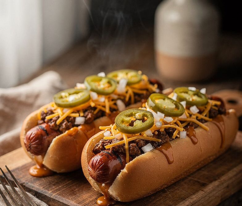 Pit-Style Smoked Chili Cheese Dogs with Onions and Jalapeños