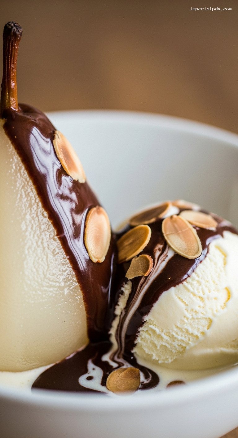 Poire Belle-Hélène (Poached Pears with Vanilla Ice Cream and Warm Chocolate Sauce) – Closeup