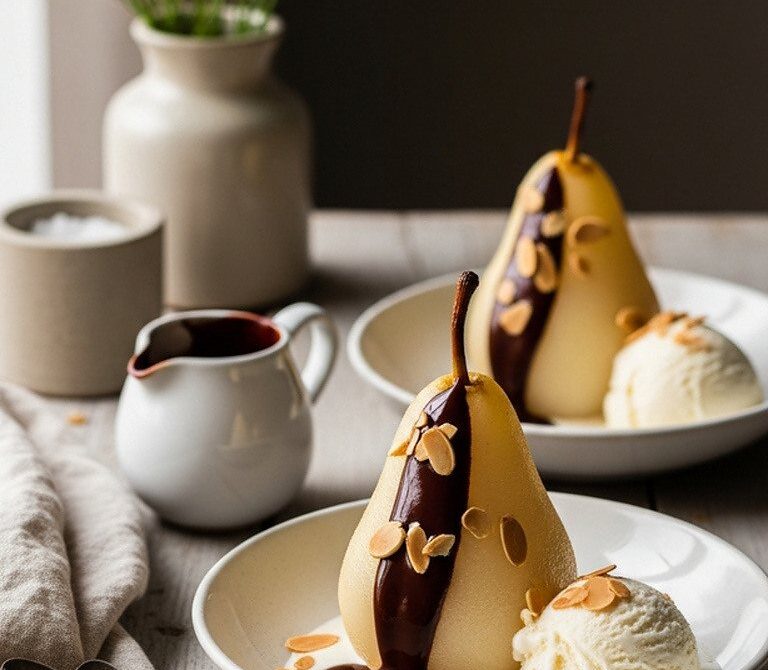 Poire Belle-Hélène (Poached Pears with Vanilla Ice Cream and Warm Chocolate Sauce)