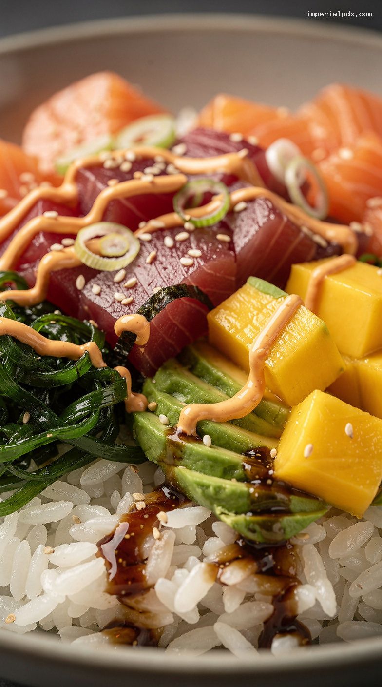 Poke Bowl Bar With Ahi Tuna, Sushi Rice, And Toppings – Closeup