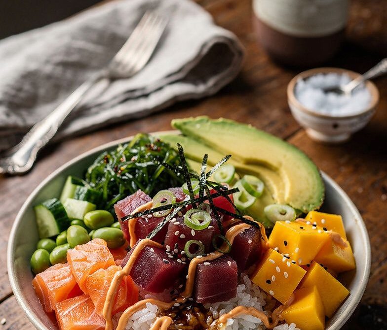 Poke Bowl Bar With Ahi Tuna, Sushi Rice, And Toppings