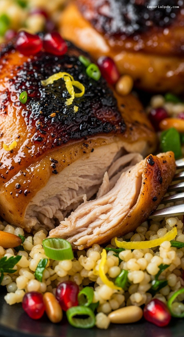 Pomegranate Molasses Roast Chicken With Herby Bulgur – Closeup