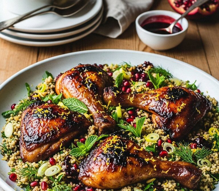Pomegranate Molasses Roast Chicken With Herby Bulgur