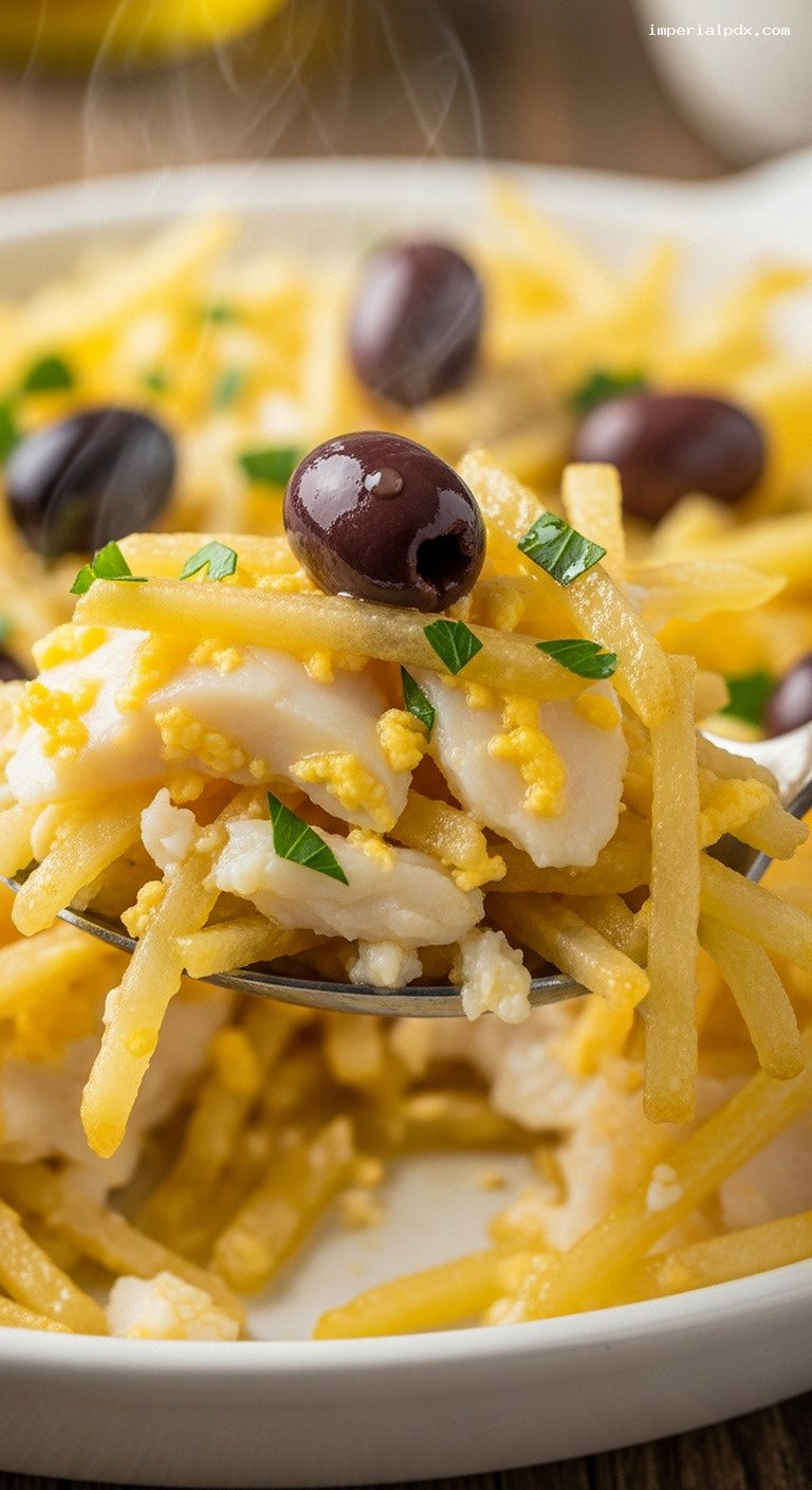 Portuguese Bacalhau à Brás with Crispy Potatoes and Eggs – Closeup