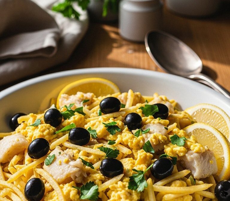 Portuguese Bacalhau à Brás with Crispy Potatoes and Eggs