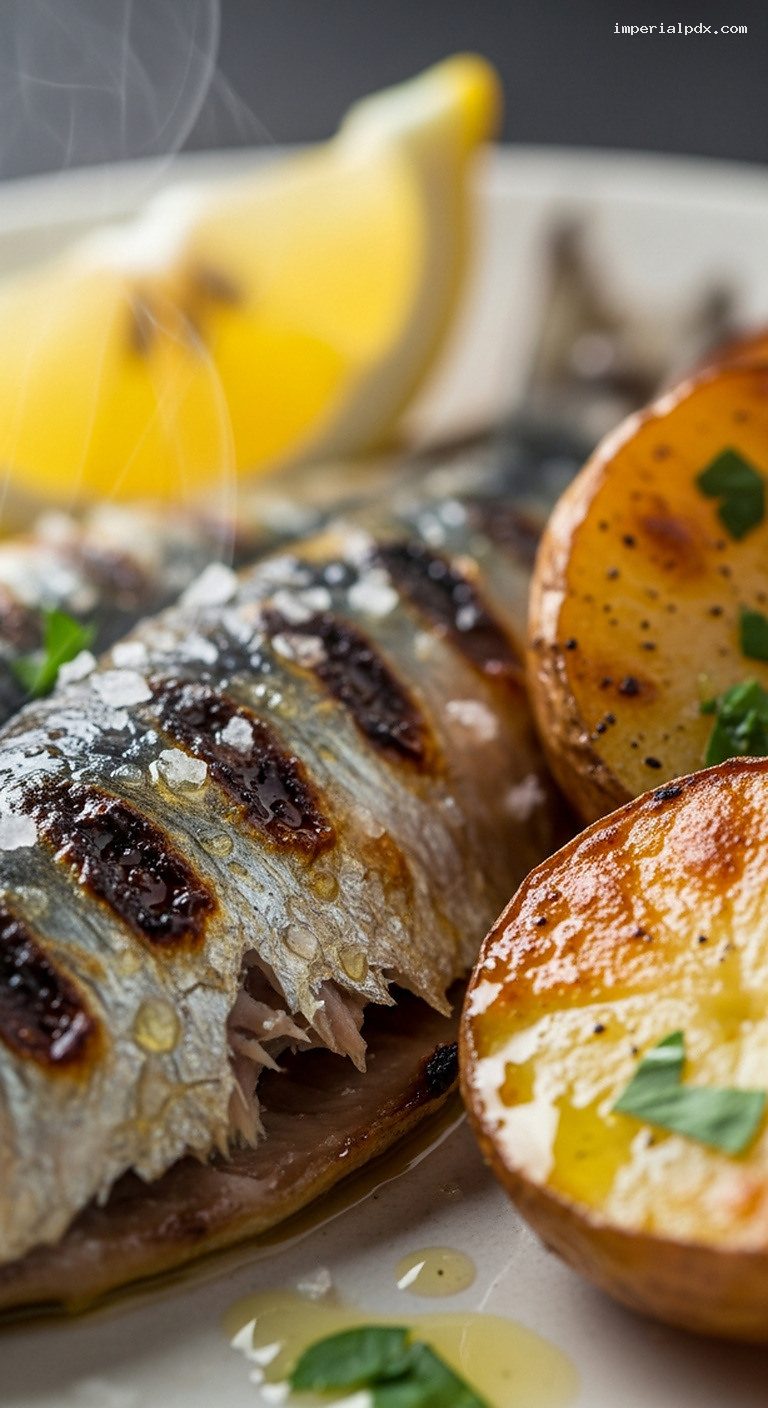 Portuguese Grilled Sardines With Lemon, Olive Oil, and Roasted Potatoes – Closeup