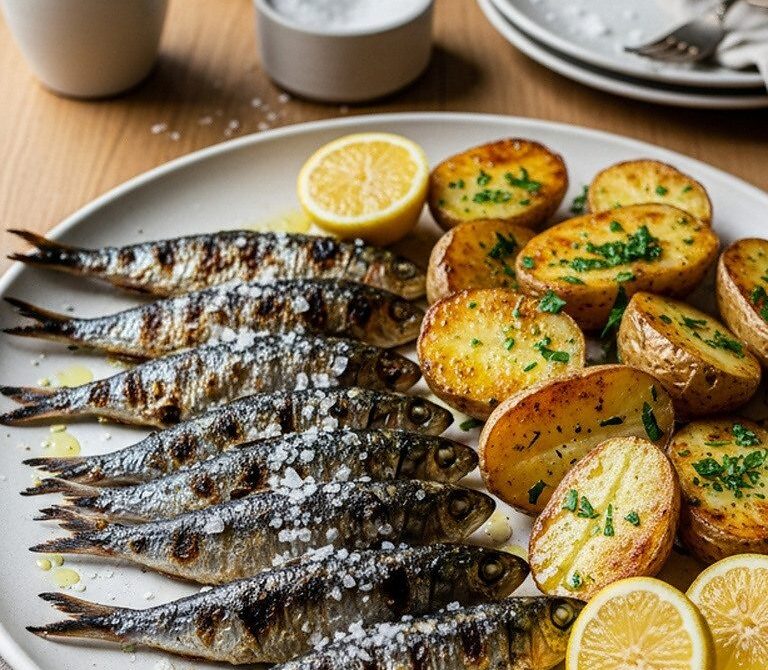 Portuguese Grilled Sardines With Lemon, Olive Oil, and Roasted Potatoes