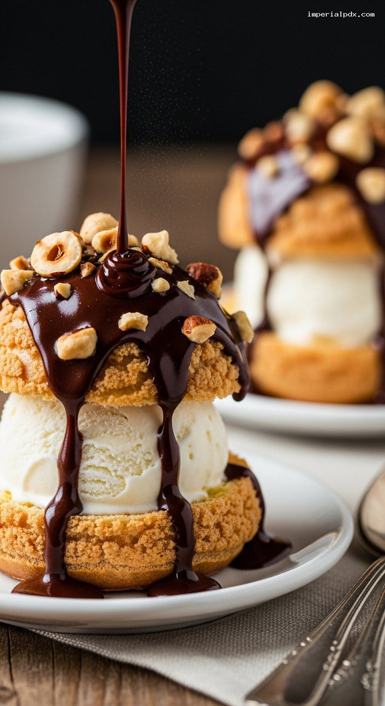 Profiteroles with Vanilla Ice Cream, Chocolate Sauce, and Toasted Nuts – Closeup