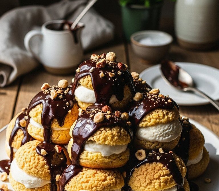 Profiteroles with Vanilla Ice Cream, Chocolate Sauce, and Toasted Nuts