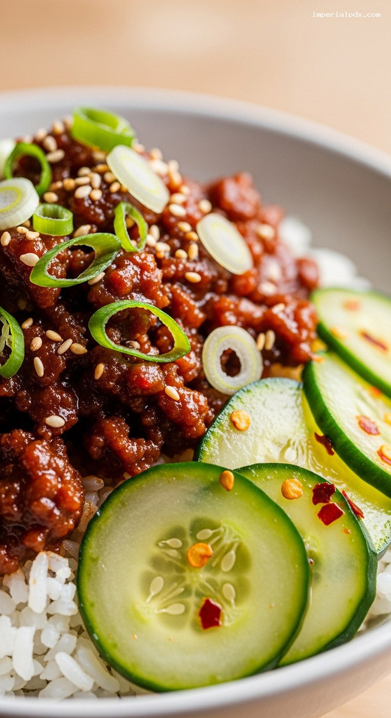 Quick Korean Beef Rice Bowls With Gochujang and Cucumbers – Closeup