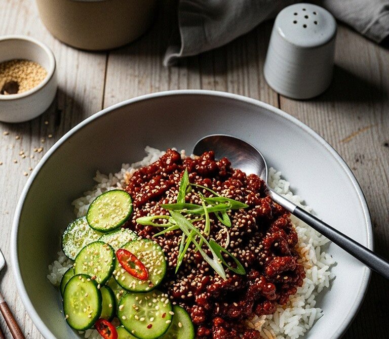 Quick Korean Beef Rice Bowls With Gochujang and Cucumbers