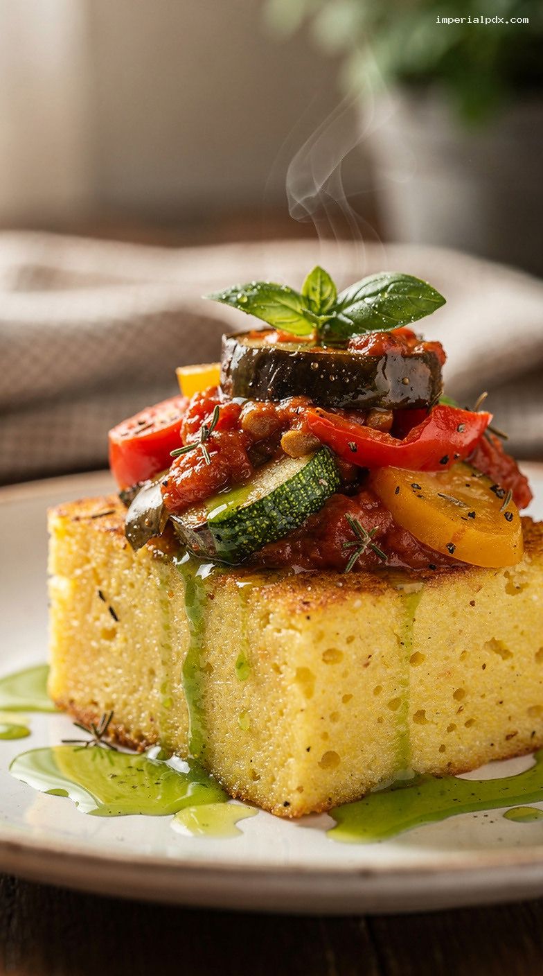 Ratatouille Over Polenta Squares With Basil Oil – Closeup