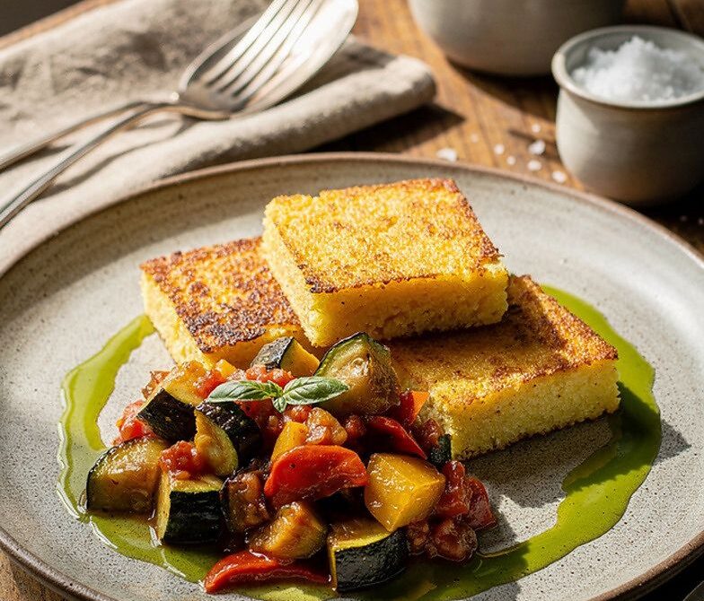Ratatouille Over Polenta Squares With Basil Oil