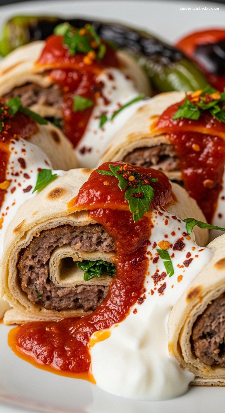 Restaurant-Style Beyti Kebab Lavash Wrap with Tomato Yogurt Sauce – Closeup