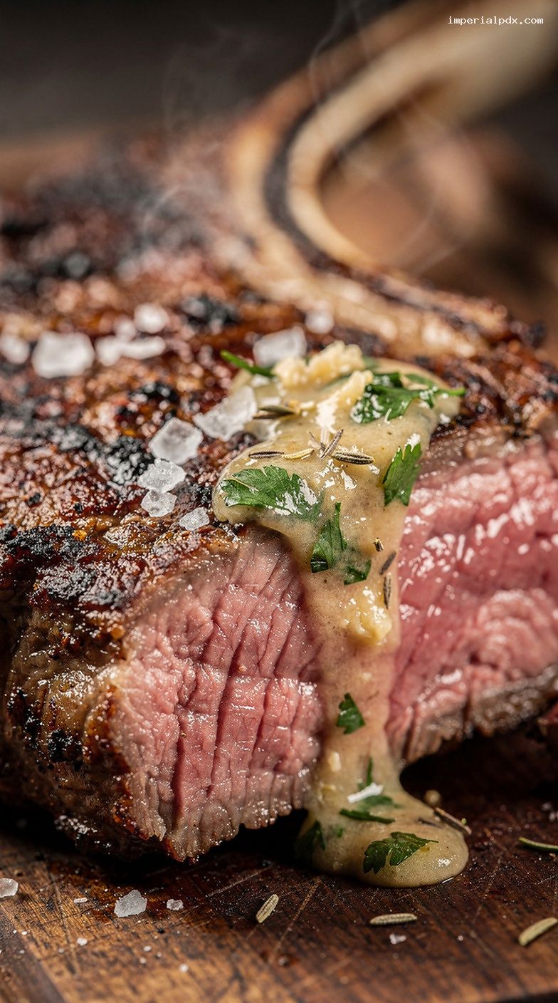 Reverse-Seared Charcoal Tomahawk Ribeye With Garlic-Herb Butter – Closeup