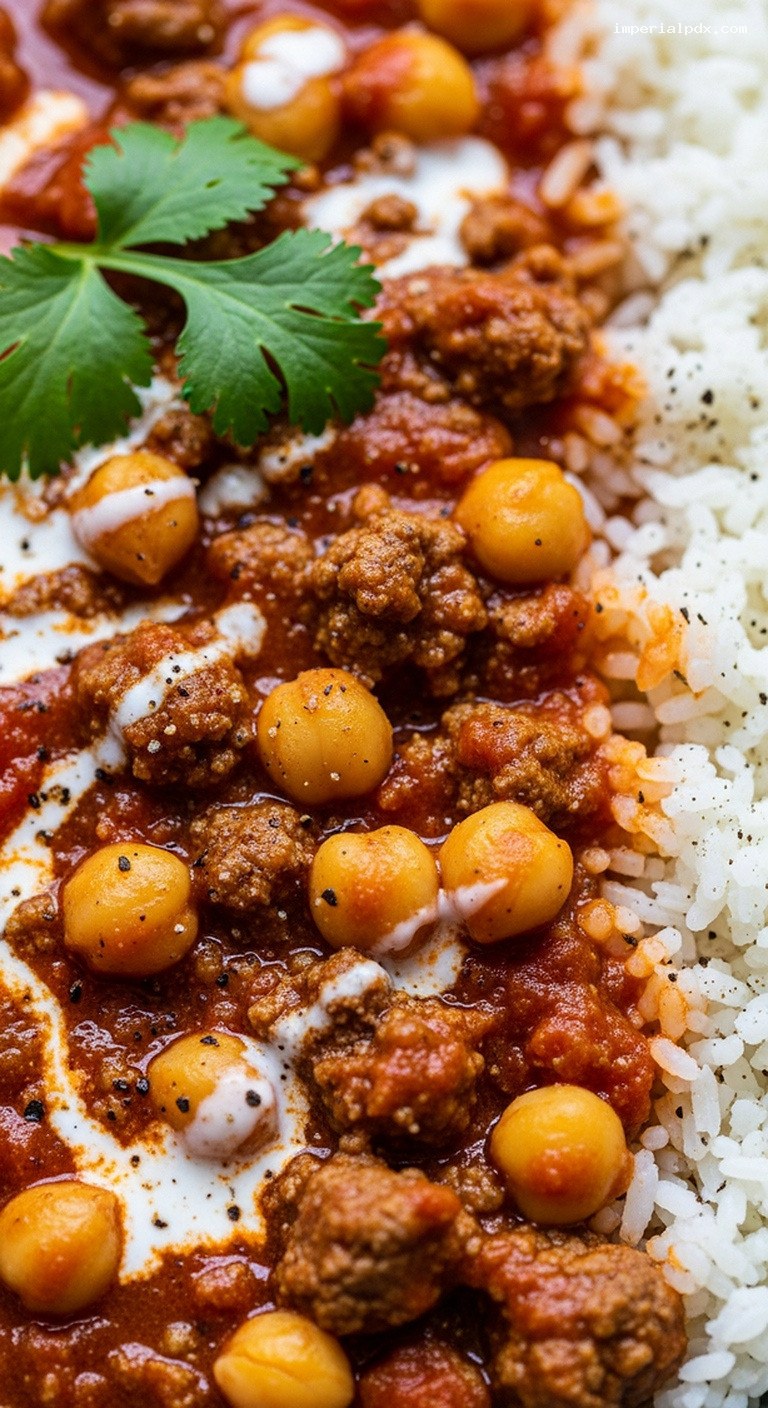 Rich Beef and Chickpea Curry with Tomatoes and Ginger – Closeup