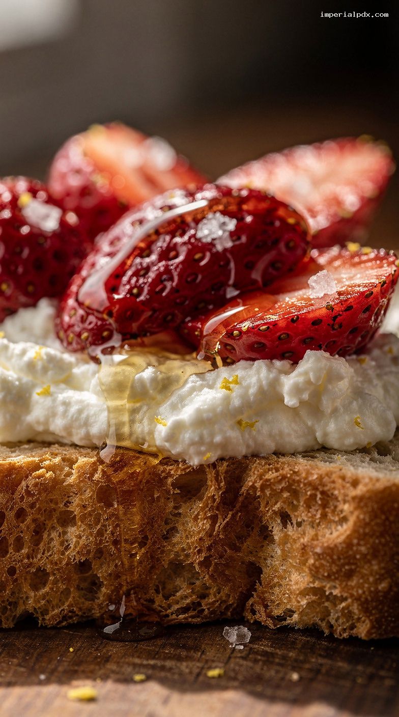 Ricotta Toast With Roasted Strawberries, Honey, and Flaky Salt – Closeup