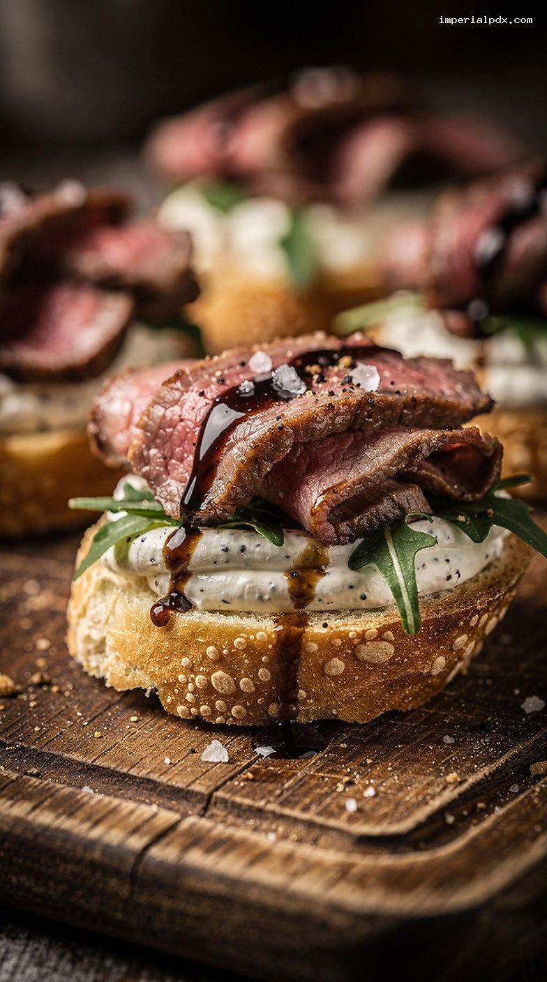Roast Beef Tenderloin Crostini With Horseradish Cream and Balsamic Glaze – Closeup