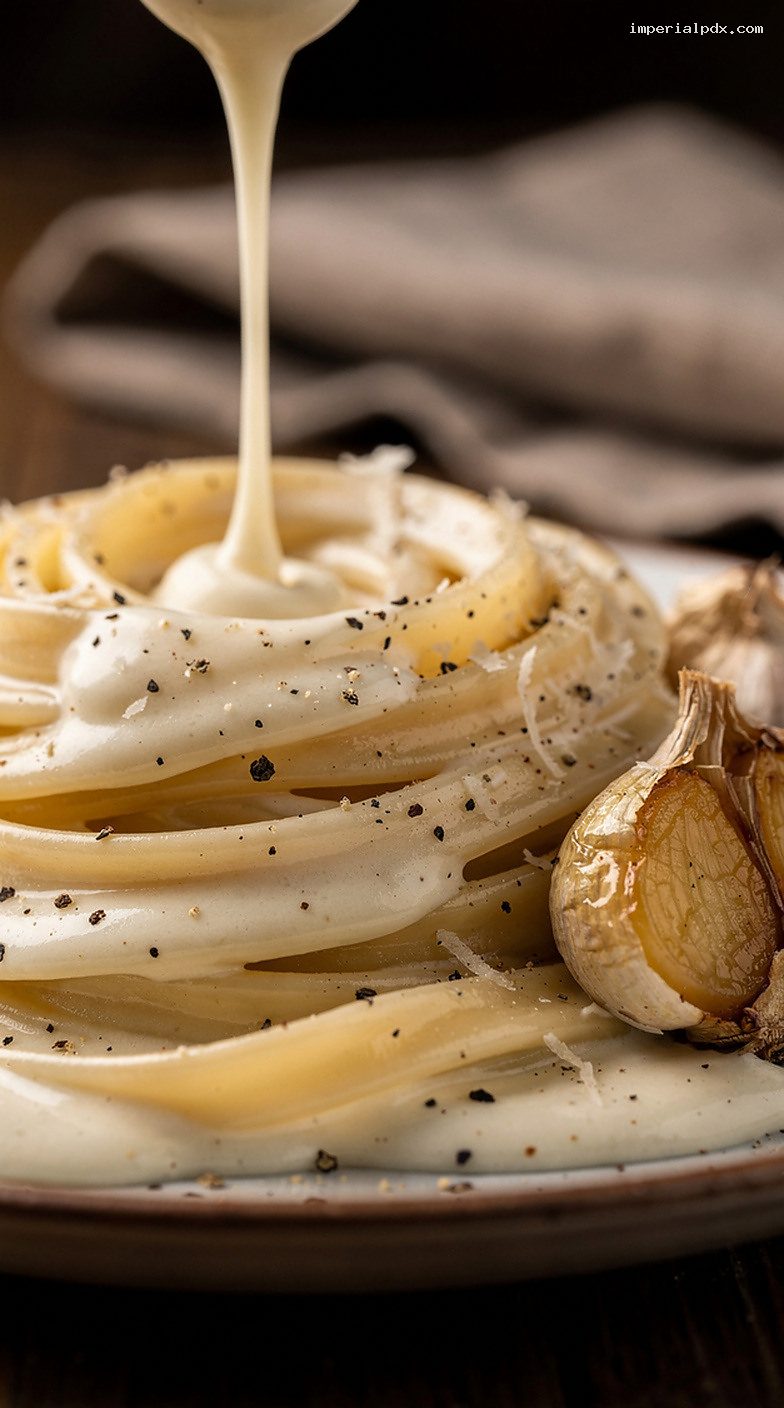 Roasted Garlic Parmesan Cream Sauce with Cracked Pepper – Closeup