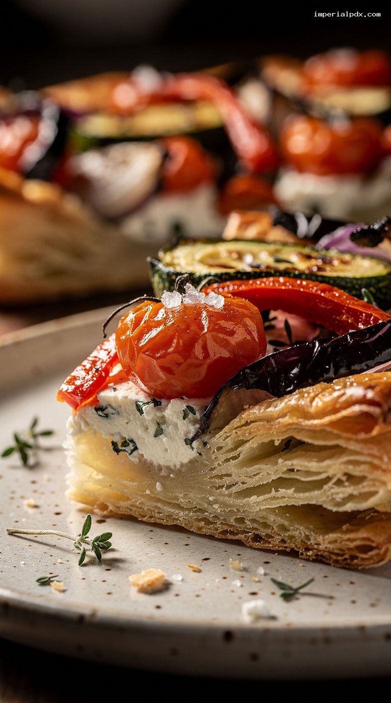 Roasted Vegetable and Goat Cheese Puff Pastry Tart Squares – Closeup