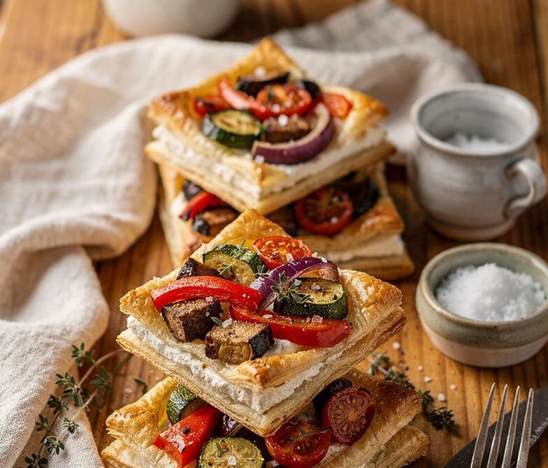 Roasted Vegetable and Goat Cheese Puff Pastry Tart Squares