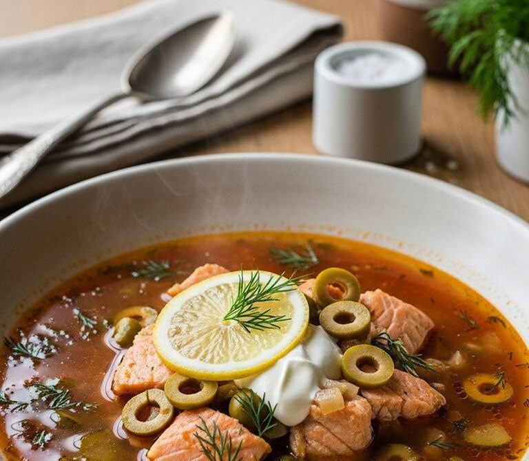 Russian Fish Solyanka Soup With Pickles, Olives, and Lemon